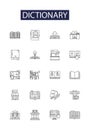 Dictionary line vector icons and signs. Vocabulary, Glossary, Onomasticon, Thesaurus, Roget, Manzoni, Encyclopedia
