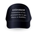 Dictionary word of retirement on baseball cap