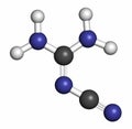 Dicyandiamide 2-cyanoguanidine, DCD molecule. Used as fertilizer and in chemical synthesis. Atoms are represented as spheres.