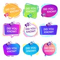 Did you know labels. Interesting facts speech bubbles, knowledge base label and social media faq banner isolated vector