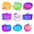 Did you know labels. Interesting facts speech bubbles, knowledge base label and social media faq banner isolated vector badges set