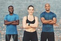 Did you workout today. three sportspeople standing together.