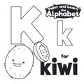 Didactic Alphabet to Color it, with Letter K and Kiwi, Vector Illustration