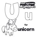 Didactic Alphabet to Color it, with Letter U and Unicorn, Vector Illustration Royalty Free Stock Photo