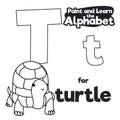 Didactic Alphabet to Color it, with Turtle and Letter T, Vector Illustration