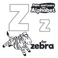 Didactic Alphabet to Color it, with Letter Z and Zebra, Vector Illustration
