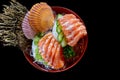 Die cut of fresh sasimi salmon Popular Japanese food on black isolated Royalty Free Stock Photo