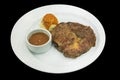 Top view of Steak with Kurobuta Pork mashed potatoes and brown sauce, focus selective Royalty Free Stock Photo