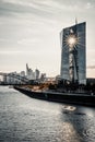 Frankfurt am Main, view across the river over the European Central Bank. ECB, in the background with the skyline and a sunset Royalty Free Stock Photo