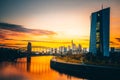 Frankfurt am Main, view across the river over the European Central Bank. ECB, in the background with the skyline and a sunset Royalty Free Stock Photo