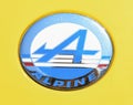 DIEPPE, FRANCE - JUNE 30, 2018: Logo of Renault Alpine car modele A310 of years 1971-1985 Vintage and classic Cars.