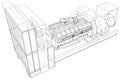 Diesel generator unit for factory. The layers of visible and invisible lines are separated. Wire-frame outline