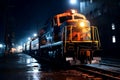 Diesel locomotive abandoned on in street city night, Train Inspirations