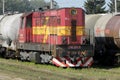 Diesel locomotive with tank car train in Slovakia