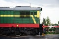 Diesel Locomotives train with railroad. Perspective view of Passenger train hauled by the diesel electric locomotive. Royalty Free Stock Photo