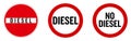 Diesel not allowed sign. Text in `no entry` roadsign, and red circle.