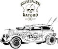 Diesel punk hot rod coupe, isolated, vector arts, kustom kulture, post apocalypse zombie war