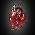 Diesel punk robot techno heart. engine with pipes, radiators and gloss red metal hood parts. isolated