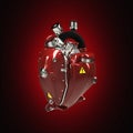 Diesel punk robot techno heart. engine with pipes, radiators and gloss red metal hood parts. isolated