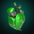Diesel punk robot techno heart. engine with pipes, radiators and glossy green metal hood parts. isolated