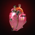 Diesel punk robot techno heart. engine with pipes, radiators and glossy pink metallic hood parts isolated