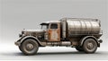 Diesel punk style weathered and rusted fuel tanker futuristic truck isolated on gray background