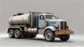 Diesel punk style weathered and rusted fuel tanker futuristic truck isolated on gray background