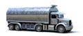 Diesel punk style weathered and rusted fuel tanker futuristic truck isolated on gray background