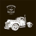 Diesel truck ratrod dieselpunk 2x4 white on black, retro, vector image