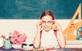 Diet. back to school. Einstein. healthy eating is good. digital age with modern technology. small girl ready to eat Royalty Free Stock Photo