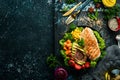 Diet bowl: Chicken fillet, avocado, pumpkin, cherry tomatoes, flax and corn in a black bowl. Bowl Buddha. Top view. Free space for