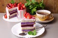 Diet cake with berry fillings, multi-colored striped with rice flour decorated with ripe strawberries