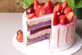 Diet cake with berry fillings, multi-colored striped with rice flour decorated with ripe strawberries