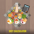 Diet calculator concept. Calculating or counting calories for a breakfast. Vector illustration.