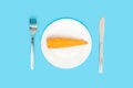 Diet. Carrots on a white plate standing on a blue background, top view