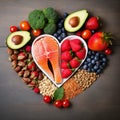 Diet choice heart health concept. heart one shaped of green vegetables fruit Heart disease and food medical health care Royalty Free Stock Photo