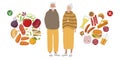 Diet choice during in old age. Healthy food and Junk food. Food for elderly people. Senior man and woman chooses to