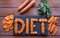 Diet concept. Different cut of carrots on wooden background Royalty Free Stock Photo