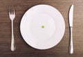 Diet concept. one pea on an empty white plate Royalty Free Stock Photo