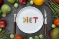 Diet concept. Round plate with word - diet - composed of slices of different fruits and vegetables with colorful fruits and Royalty Free Stock Photo
