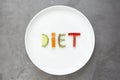 Diet concept. White plate with word - diet - composed of slices of different fruits and vegetables Royalty Free Stock Photo