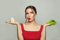 Diet concept. Woman with unhealthy and healthy food on white background Royalty Free Stock Photo