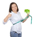 Diet Concept. Young Woman with Lettuce Measuring Her Waistline w Royalty Free Stock Photo