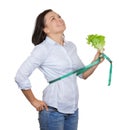 Diet Concept. Young Woman with Lettuce Measuring Her Waistline w Royalty Free Stock Photo