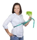 Diet Concept. Young Woman with Lettuce Measuring Her Waistline w Royalty Free Stock Photo