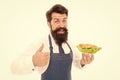 Diet cures more than doctor. Happy cook approve diet food. Bearded man enjoy healthy cooking. Health and diet. Diet and