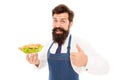 Diet cures more than doctor. Happy cook approve diet food. Bearded man enjoy healthy cooking. Health and diet. Diet and