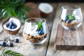 Diet dessert with yogurt, granola and fresh berries, close-up, horizontal. Healthy breakfast ingredients Royalty Free Stock Photo