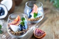 Diet dessert with yogurt, granola and fresh berries, close-up, horizontal. Healthy breakfast ingredients. copy space Royalty Free Stock Photo