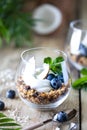 Diet dessert with yogurt, granola and fresh berries, close-up, horizontal. Healthy breakfast ingredients. Vertical Royalty Free Stock Photo